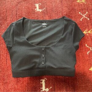 ALO Yoga Blissful Henley Black Crop Top w pads